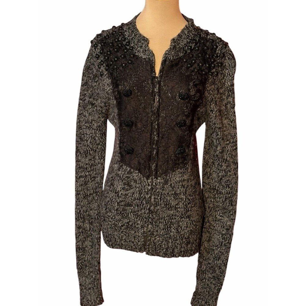 BKE Black Gray Marled Knit Zip Front Cardigan Sweater Embellished Yoke Large